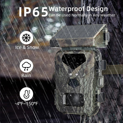 Wildlife Trail Camera with Solar Charging and 1080P Video, 65ft Night Vision