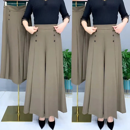 Wide Leg Pants with Pleated Front and Elastic Waistband, Wrinkle Resistant Cotton Blend