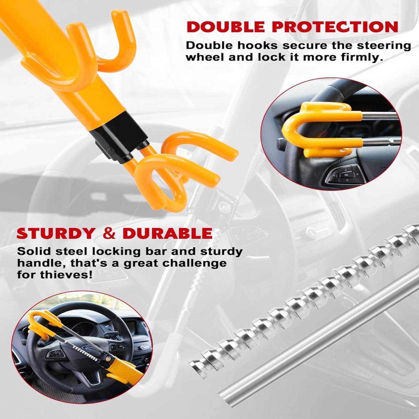 Anti-Theft Steering Wheel Lock with Four Hook System and Adjustable Fit