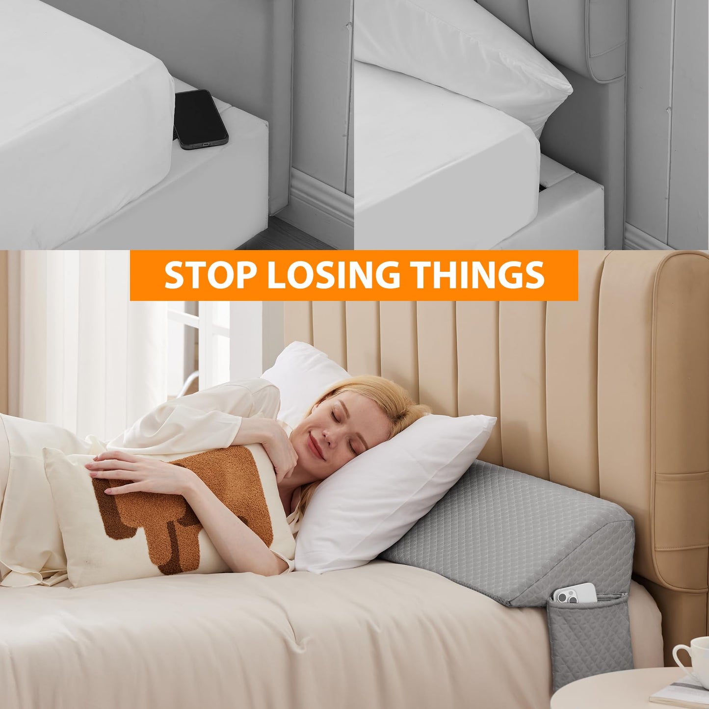 Headboard Wedge Pillow for King Beds with High Density Foam and Side Pockets, Machine Washable Cover
