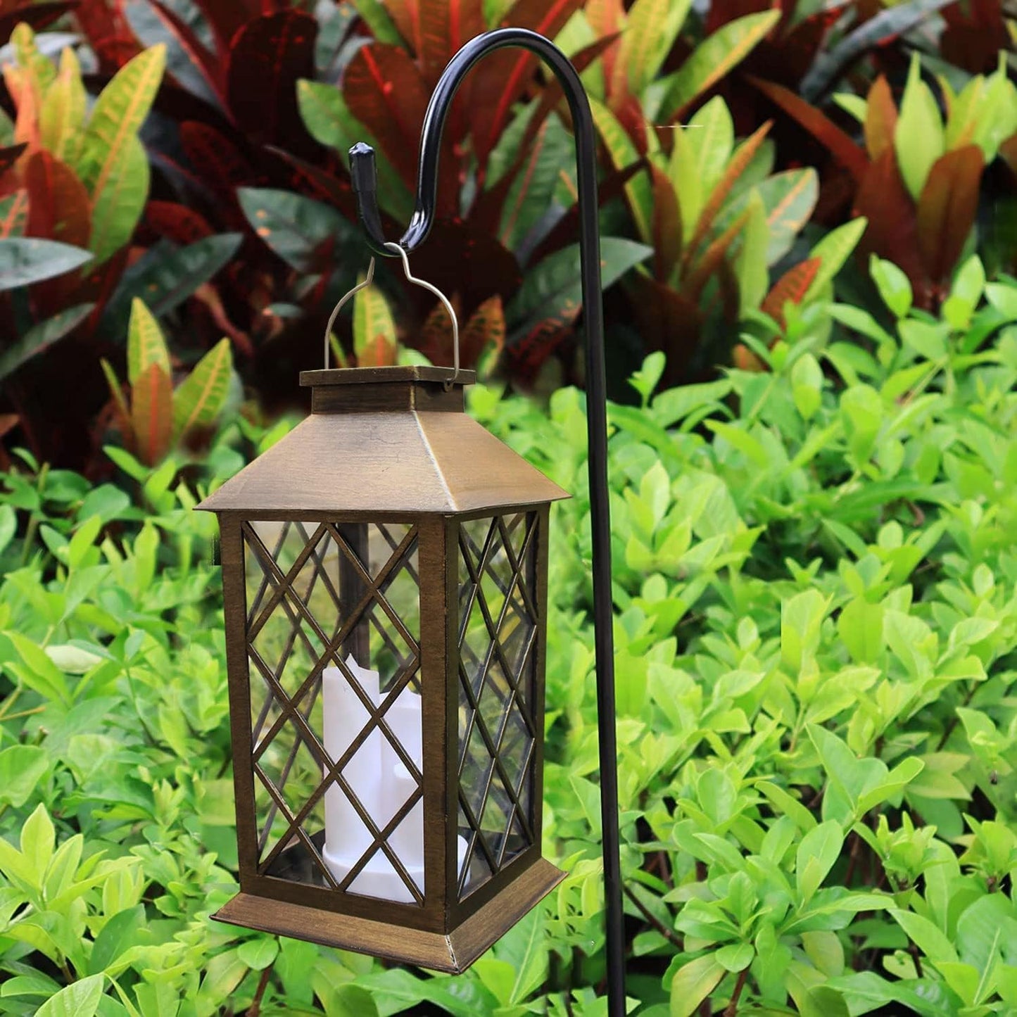 Solar Hanging Lantern with Three LED Candles and Automatic Dusk to Dawn Sensor