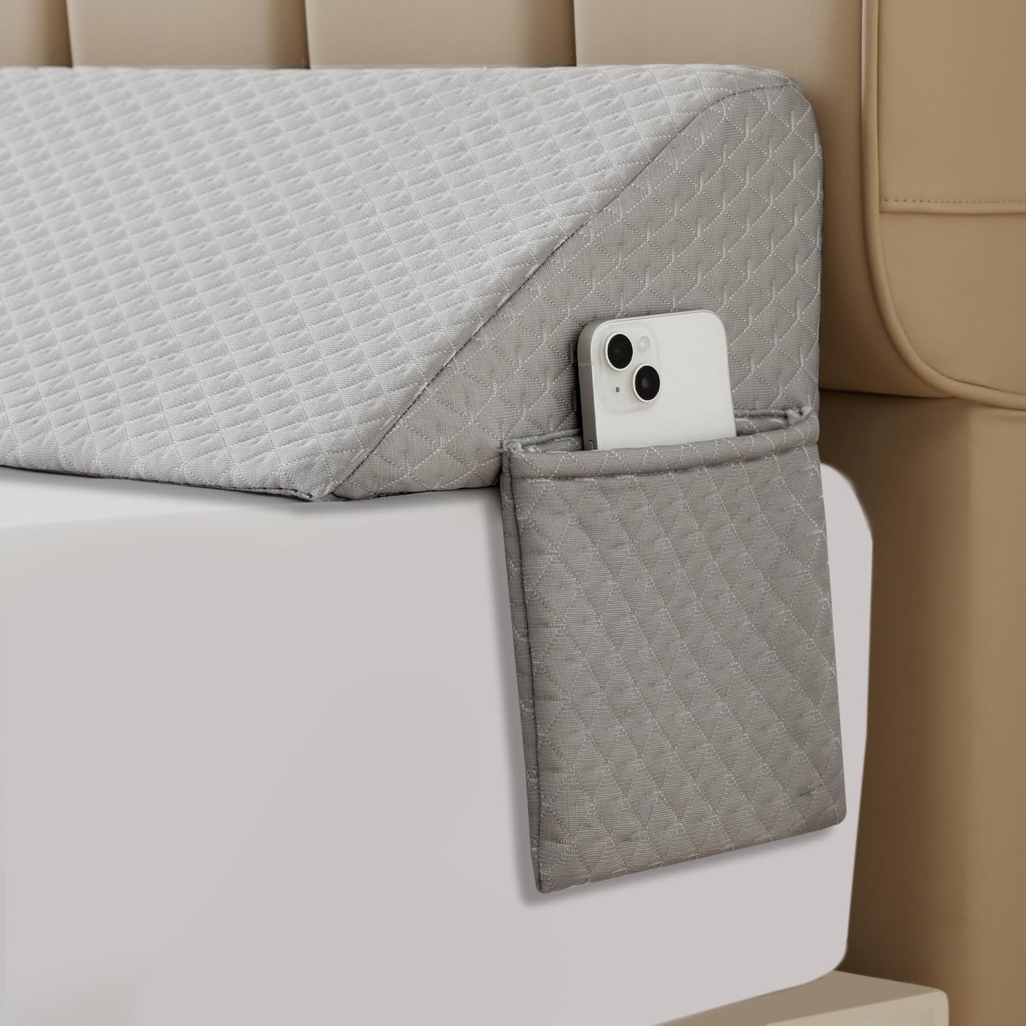 Headboard Wedge Pillow for King Beds with High Density Foam and Side Pockets, Machine Washable Cover