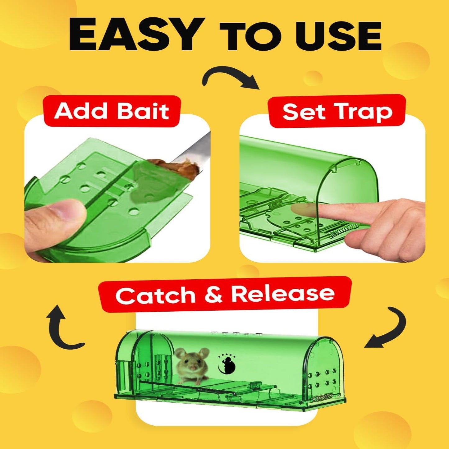 Reusable Live Mouse Trap with Clear Body and Release Door, Set of 4