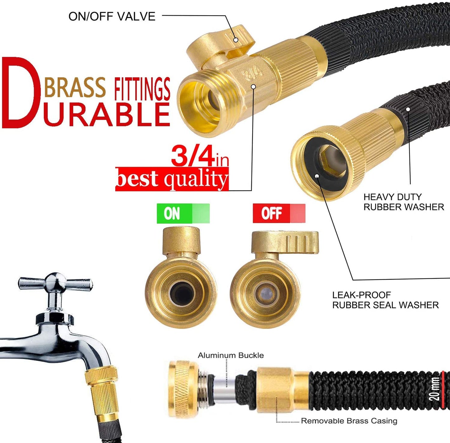 Expandable Garden Hose with Brass Fittings and Shut Off Valve, Storage Bag
