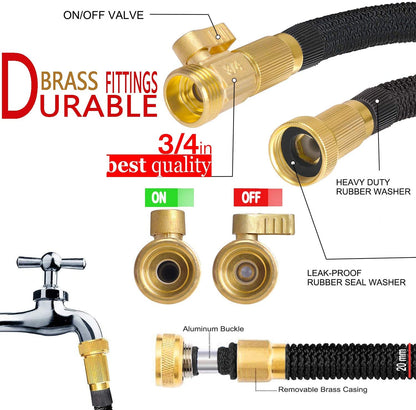 Expandable Garden Hose with Brass Fittings and Shut Off Valve, Storage Bag