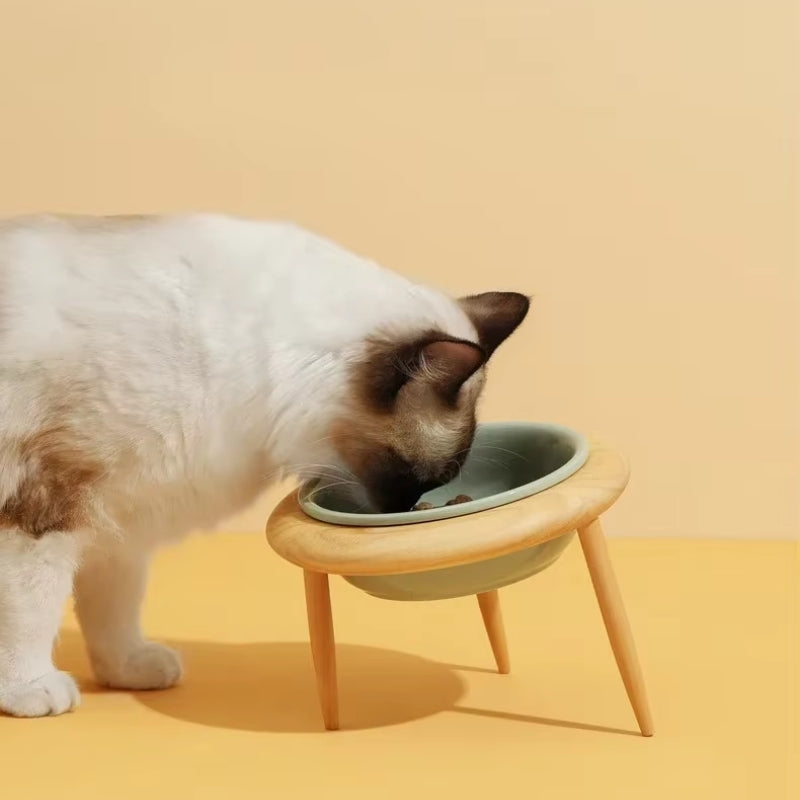 Elevated Ceramic Cat Bowl with Adjustable Oak Stand and Removable Legs