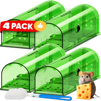 Reusable Live Mouse Trap with Clear Body and Release Door, Set of 4