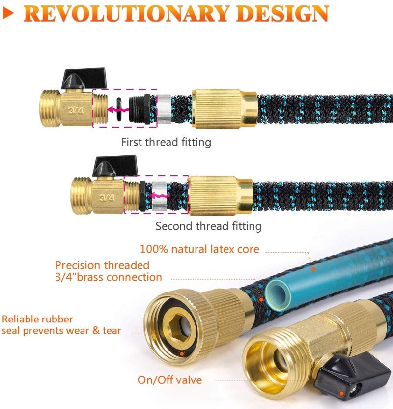 Expandable Garden Hose with Brass Fittings and Shut Off Valve, Storage Bag