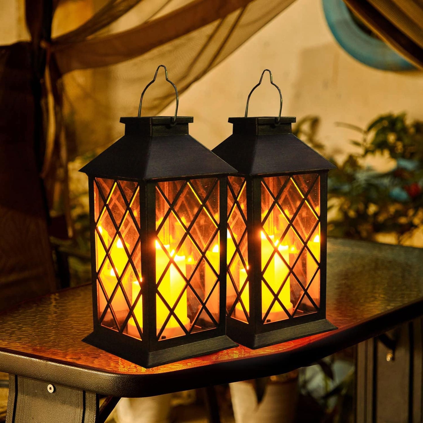 Solar Hanging Lantern with Three LED Candles and Automatic Dusk to Dawn Sensor