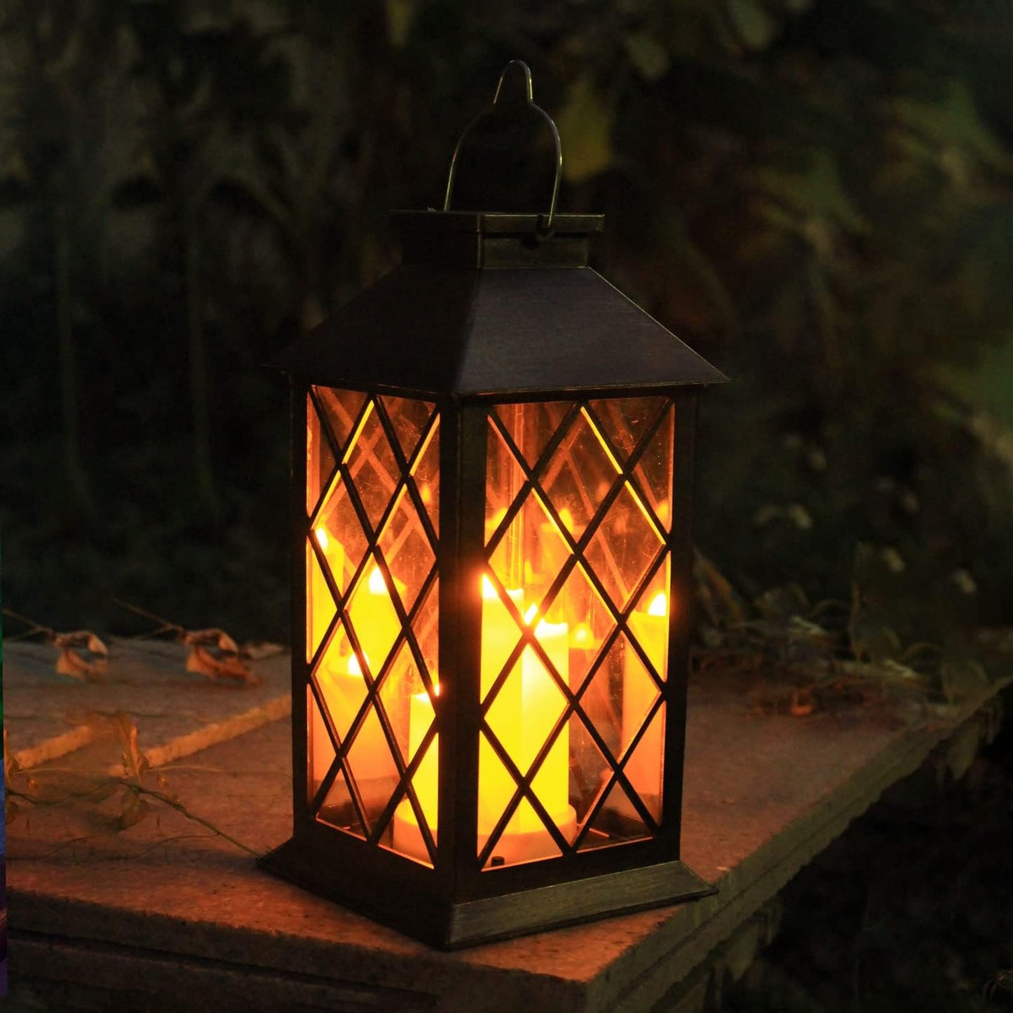 Solar Hanging Lantern with Three LED Candles and Automatic Dusk to Dawn Sensor