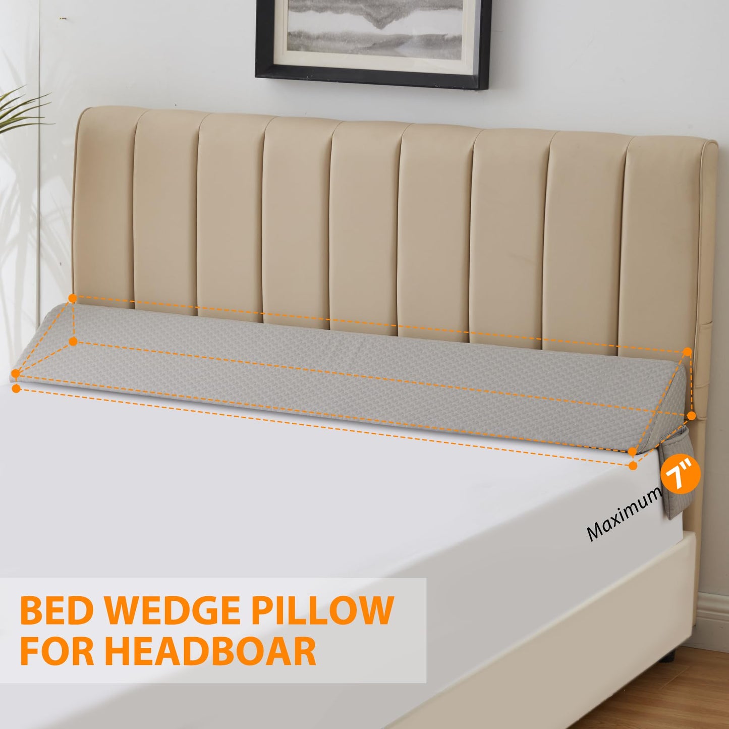 Headboard Wedge Pillow for King Beds with High Density Foam and Side Pockets, Machine Washable Cover