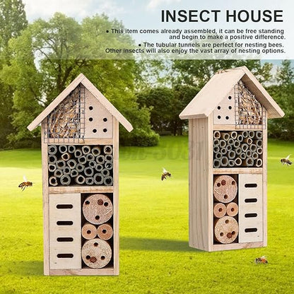 Wooden Insect Shelter with Multiple Nesting Chambers for Garden Pollinators