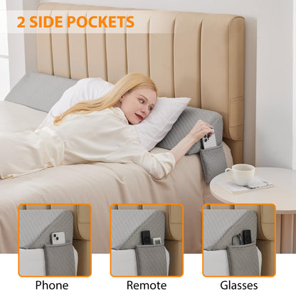 Headboard Wedge Pillow for King Beds with High Density Foam and Side Pockets, Machine Washable Cover