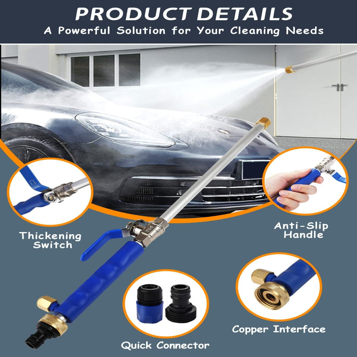 Garden Hose Spray Nozzle with Interchangeable Brass Heads and 32ft Reach