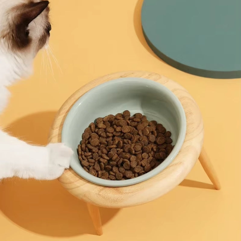 Elevated Ceramic Cat Bowl with Adjustable Oak Stand and Removable Legs