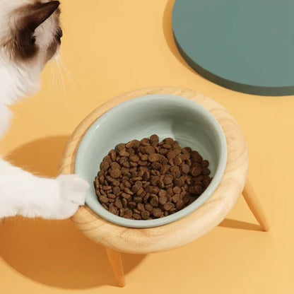 Elevated Ceramic Cat Bowl with Adjustable Oak Stand and Removable Legs