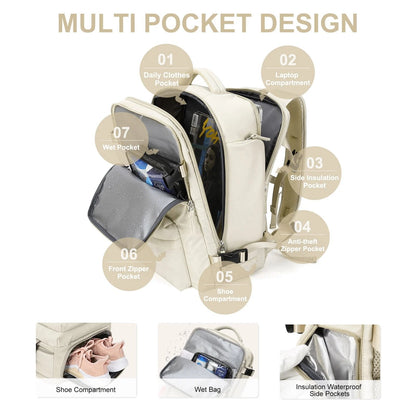 Women's 35L Backpack with USB Charging Port and Laptop Compartment, Wet Shoe Storage