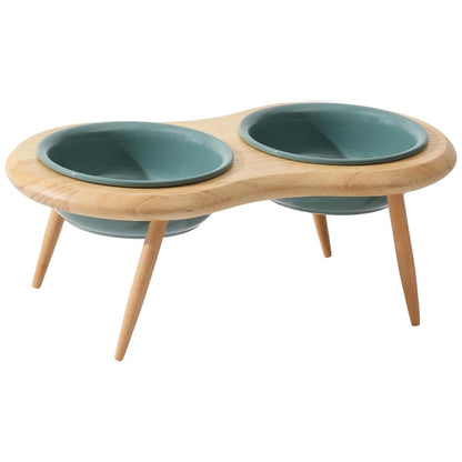 Elevated Ceramic Cat Bowl with Adjustable Oak Stand and Removable Legs