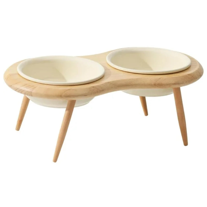 Elevated Ceramic Cat Bowl with Adjustable Oak Stand and Removable Legs