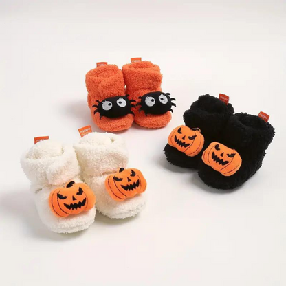 Childrens Ankle High Fleece Slippers with Halloween Print and Slip On Design