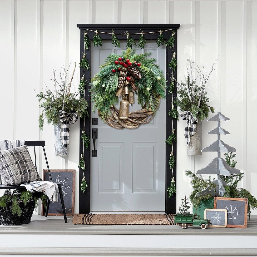 Rustic Vine Wreath with Golden Bells and Pinecones, 17 Inch