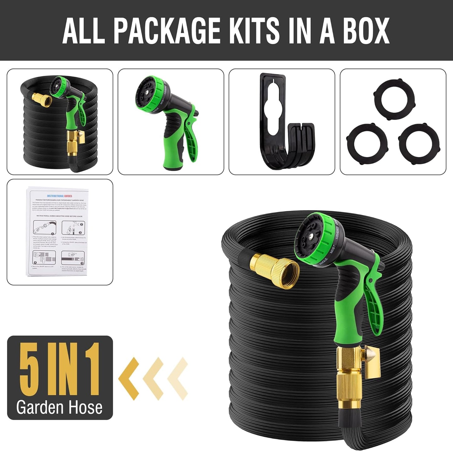 Expandable Garden Hose 25ft with 10-Pattern Spray Nozzle and Brass Connectors