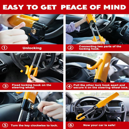 Anti-Theft Steering Wheel Lock with Four Hook System and Adjustable Fit
