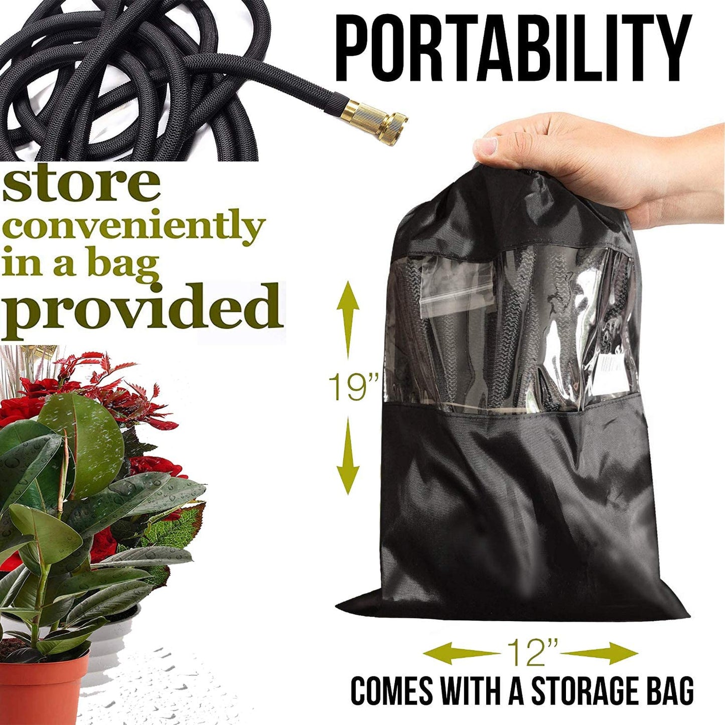 Expandable Garden Hose with Brass Fittings and Shut Off Valve, Storage Bag
