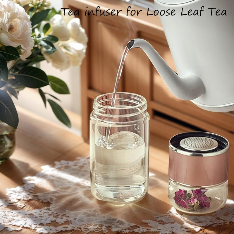 Glass Tea Infuser Bottle with Stainless Steel Mesh Filter and Tilt Brewing Control