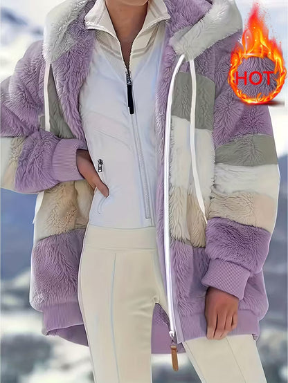 Women’s Plush Faux Fur Hooded Coat – Warm Winter Outerwear