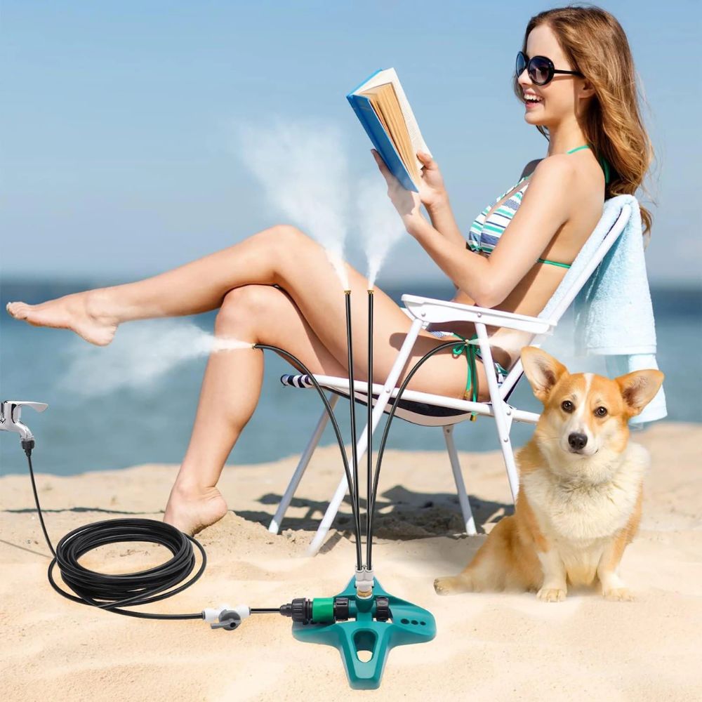 Portable Misting System with Adjustable Nozzle Heads and Garden Hose Connection