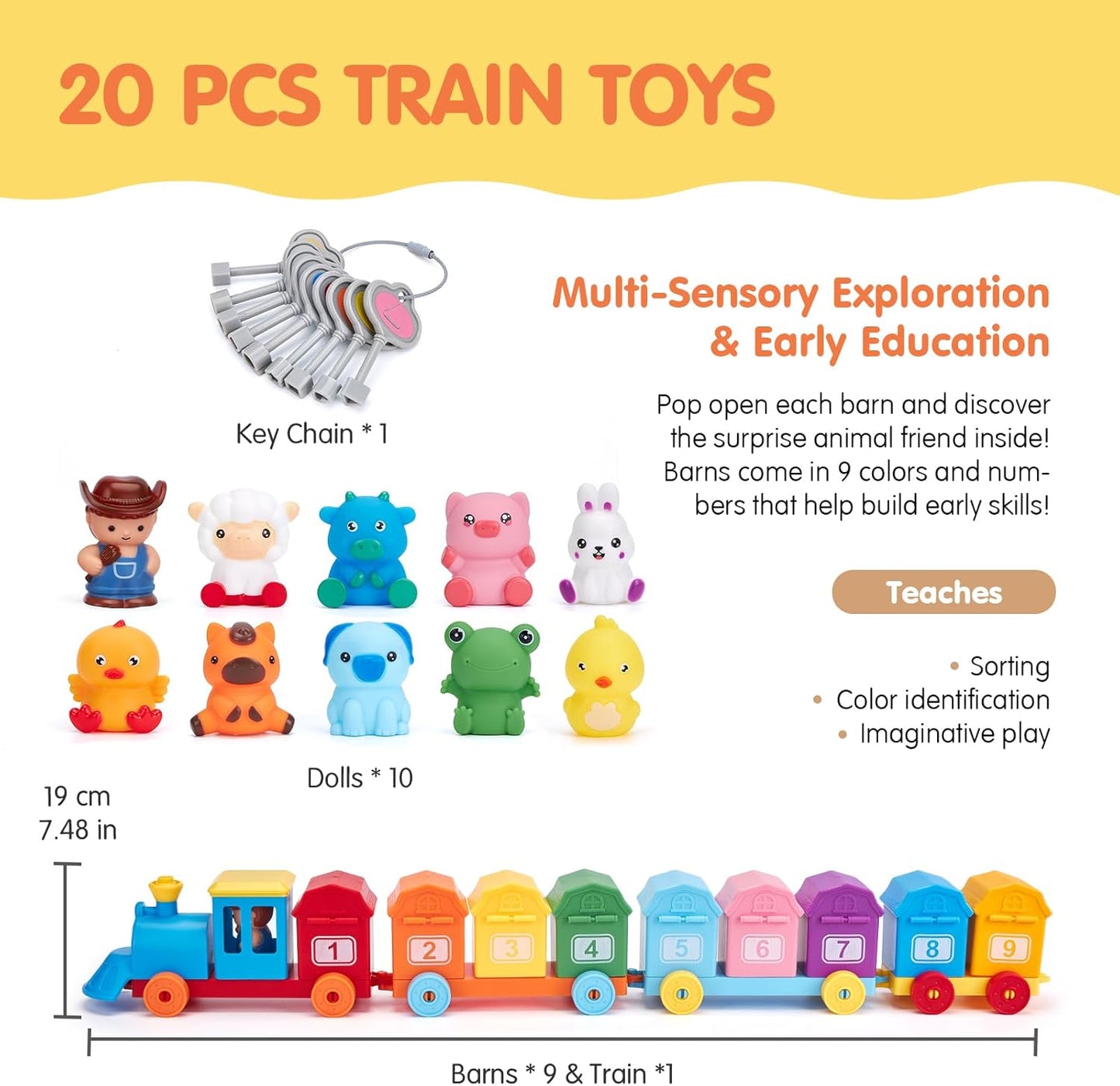 Wooden Train Set with Farm Animals and Color Sorting, Counting Learning Toy
