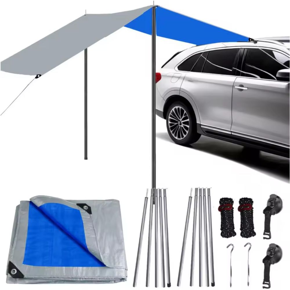 Vehicle Side Awning with Adjustable Poles and Ground Anchors, 9.84ft Coverage