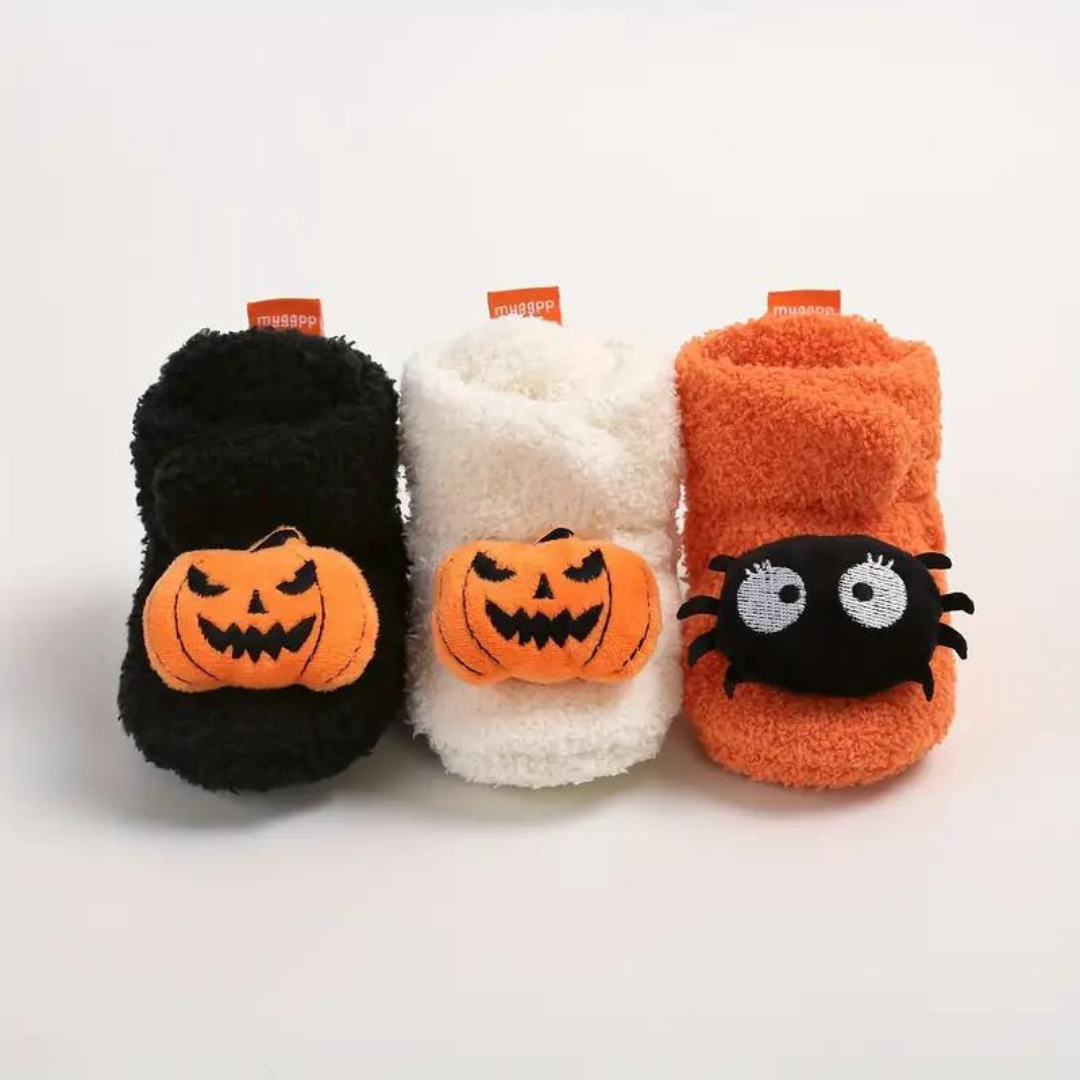 Childrens Ankle High Fleece Slippers with Halloween Print and Slip On Design