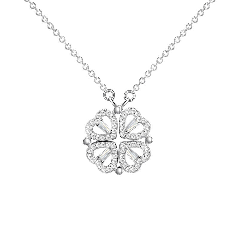 Four Heart Clover Pendant with Adjustable Chain and Preserved Roses