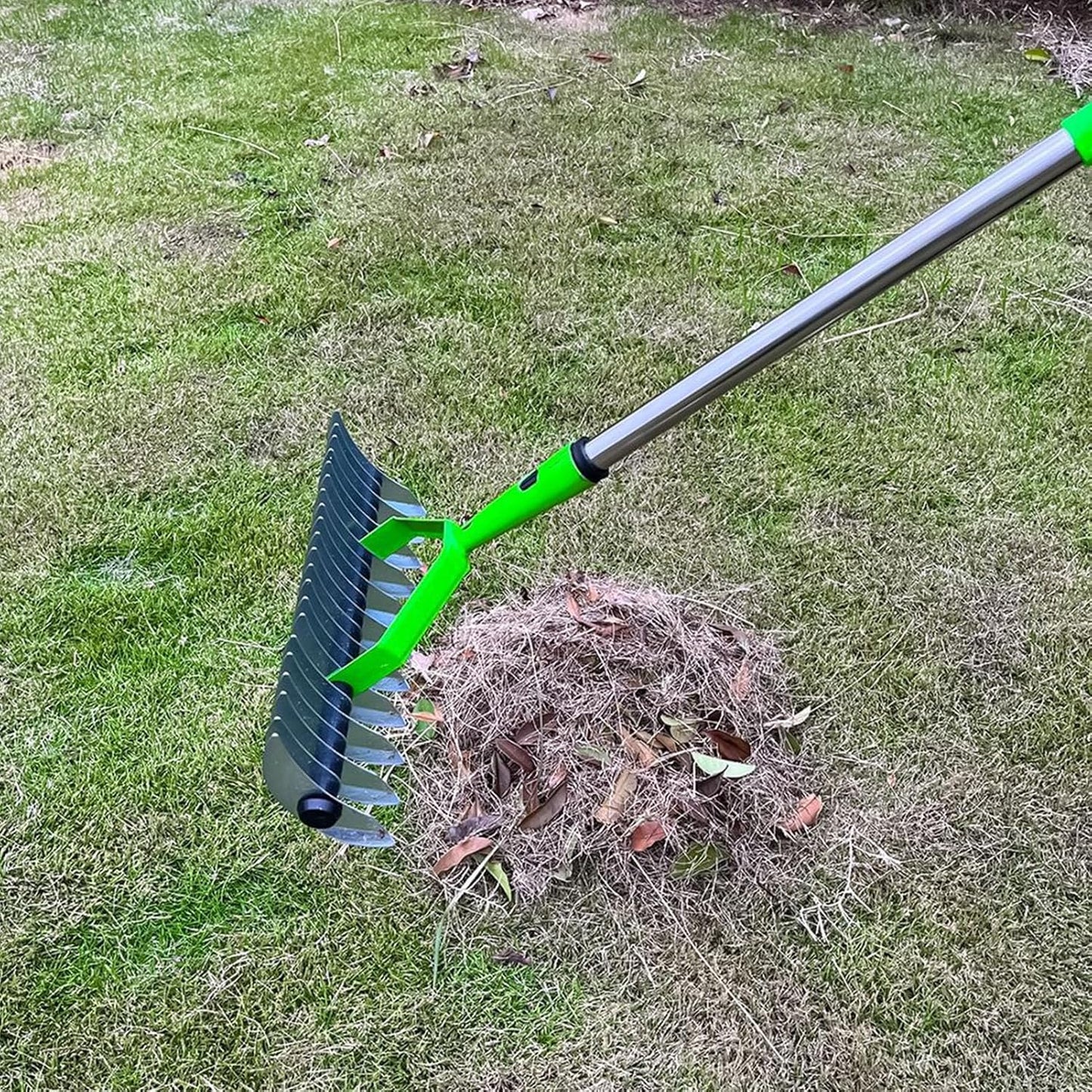Thatch Rake with Stainless Steel Tines and Extended 52.8 Inch Reach, 3-Section Handle