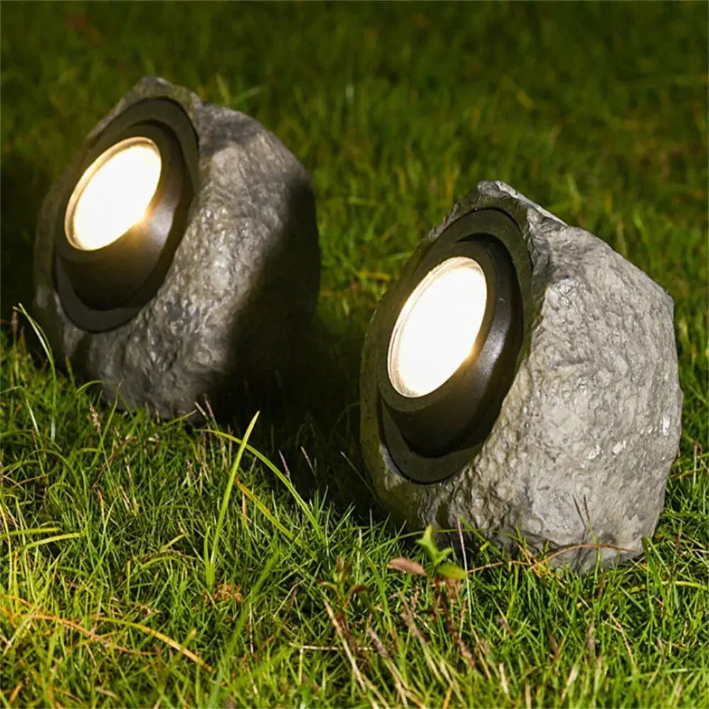 Solar Rock Light with Three LED Bulbs and Automatic Dusk-to-Dawn Operation for Garden Paths