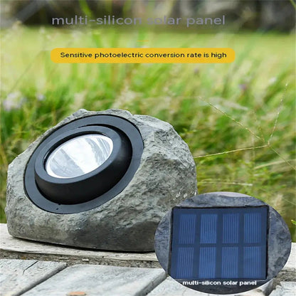 Solar Rock Light with Three LED Bulbs and Automatic Dusk-to-Dawn Operation for Garden Paths