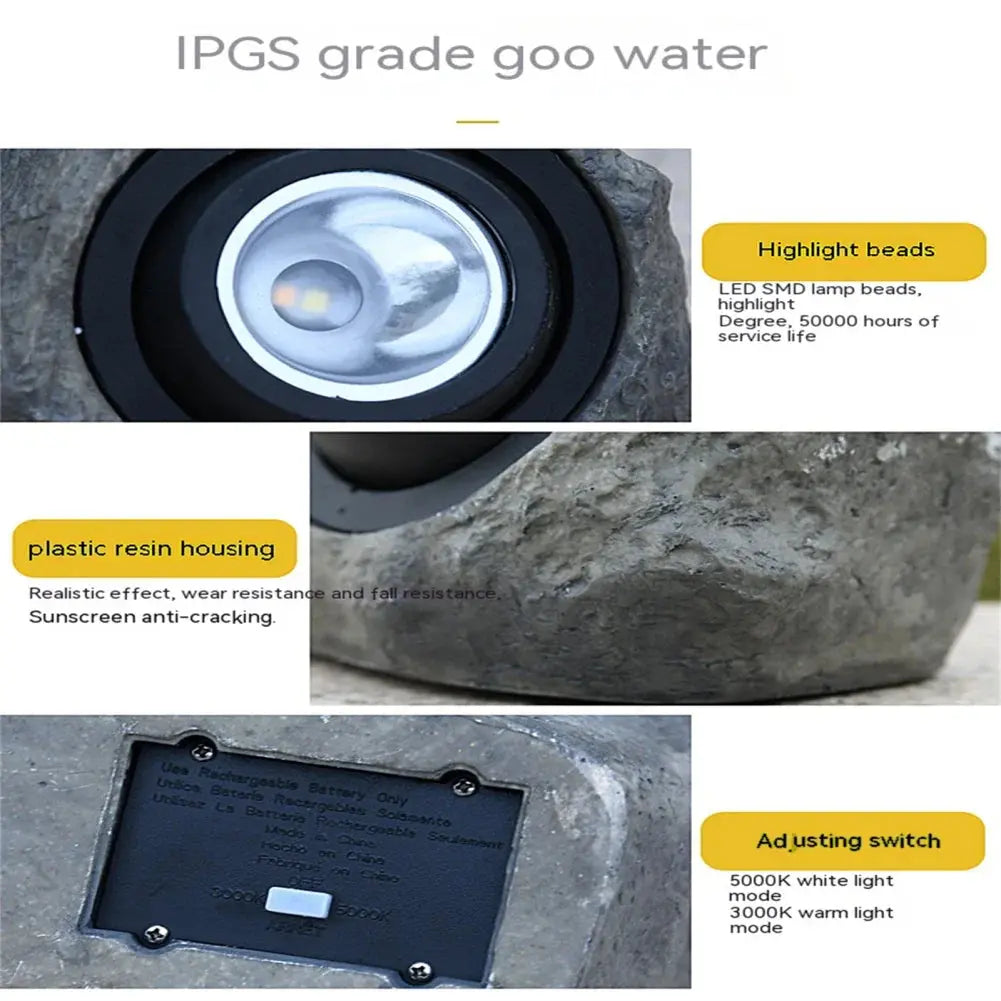 Solar Rock Light with Three LED Bulbs and Automatic Dusk-to-Dawn Operation for Garden Paths