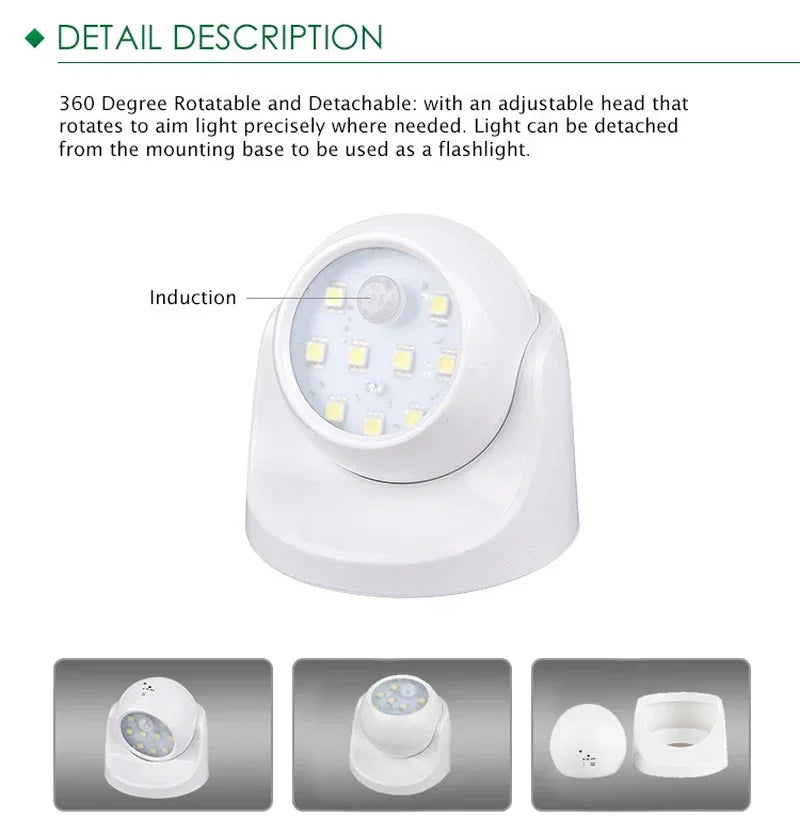 Motion Sensor LED Spotlight with 360° Rotatable Head and Battery Power