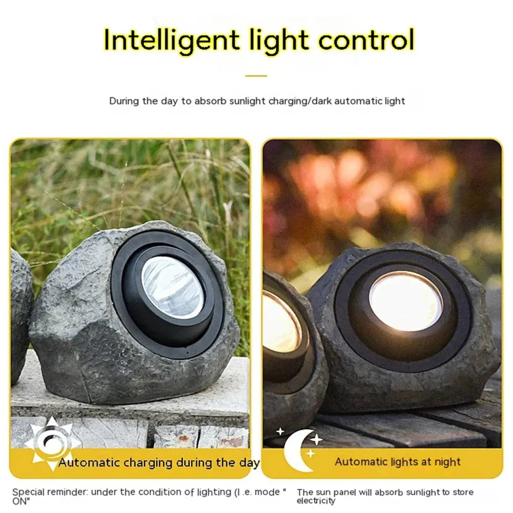 Solar Rock Light with Three LED Bulbs and Automatic Dusk-to-Dawn Operation for Garden Paths