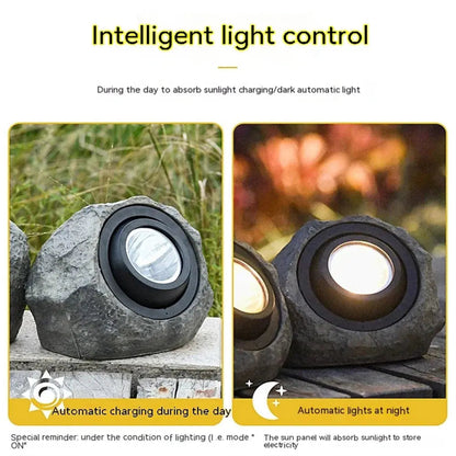 Solar Rock Light with Three LED Bulbs and Automatic Dusk-to-Dawn Operation for Garden Paths