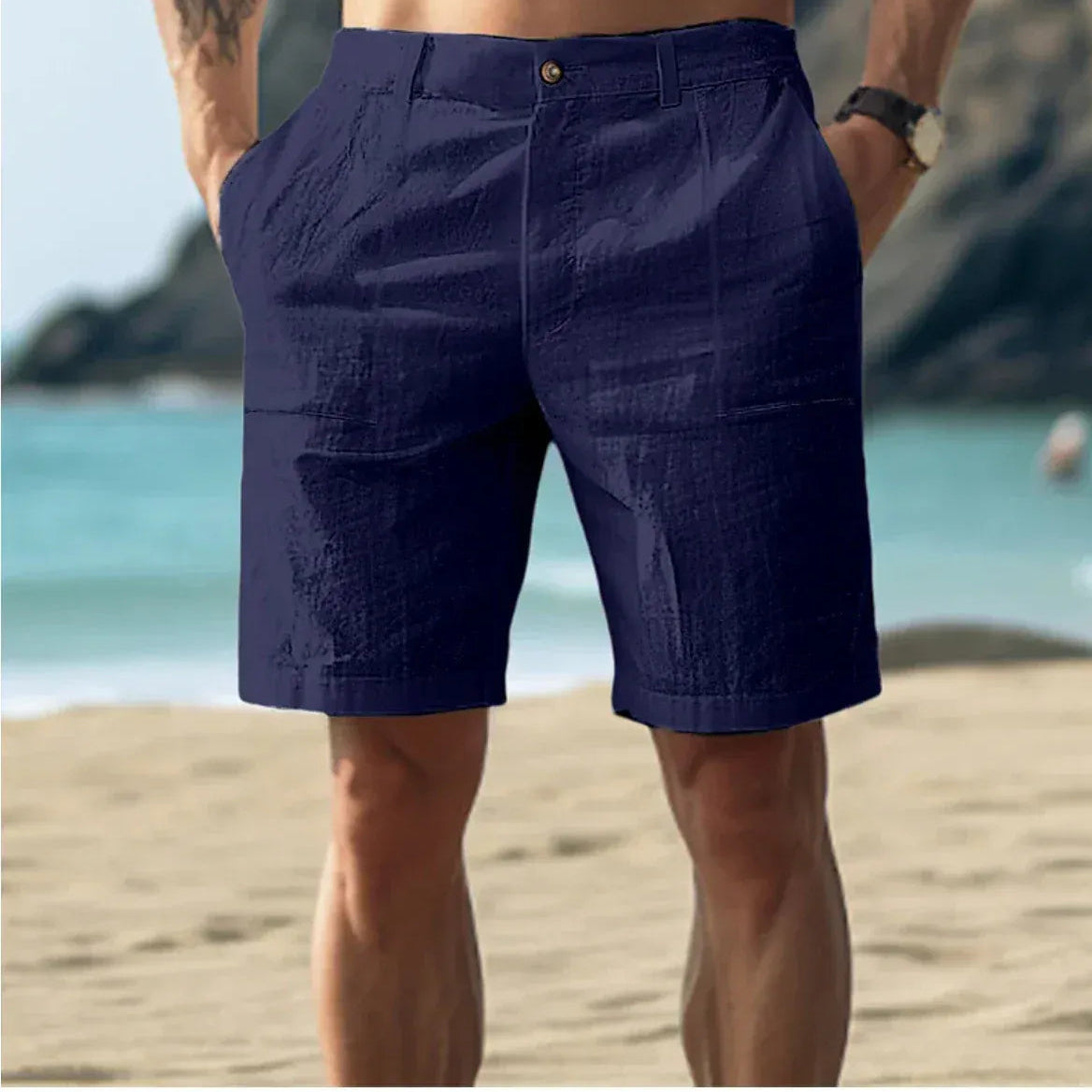 Breathable Linen Shorts for Men with Adjustable Drawstring and Multiple Pockets