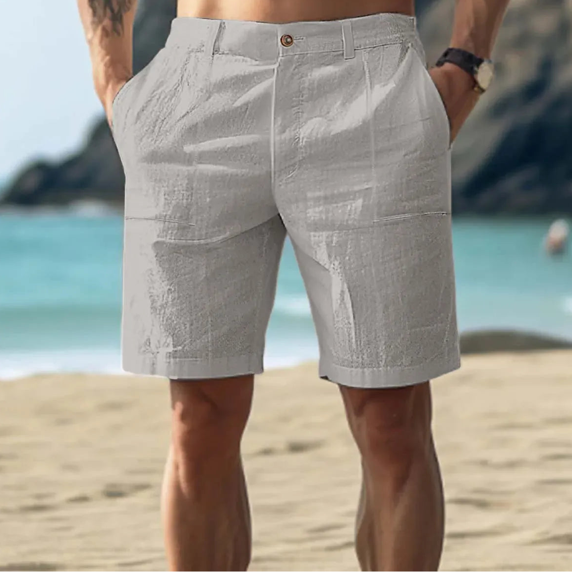 Breathable Linen Shorts for Men with Adjustable Drawstring and Multiple Pockets