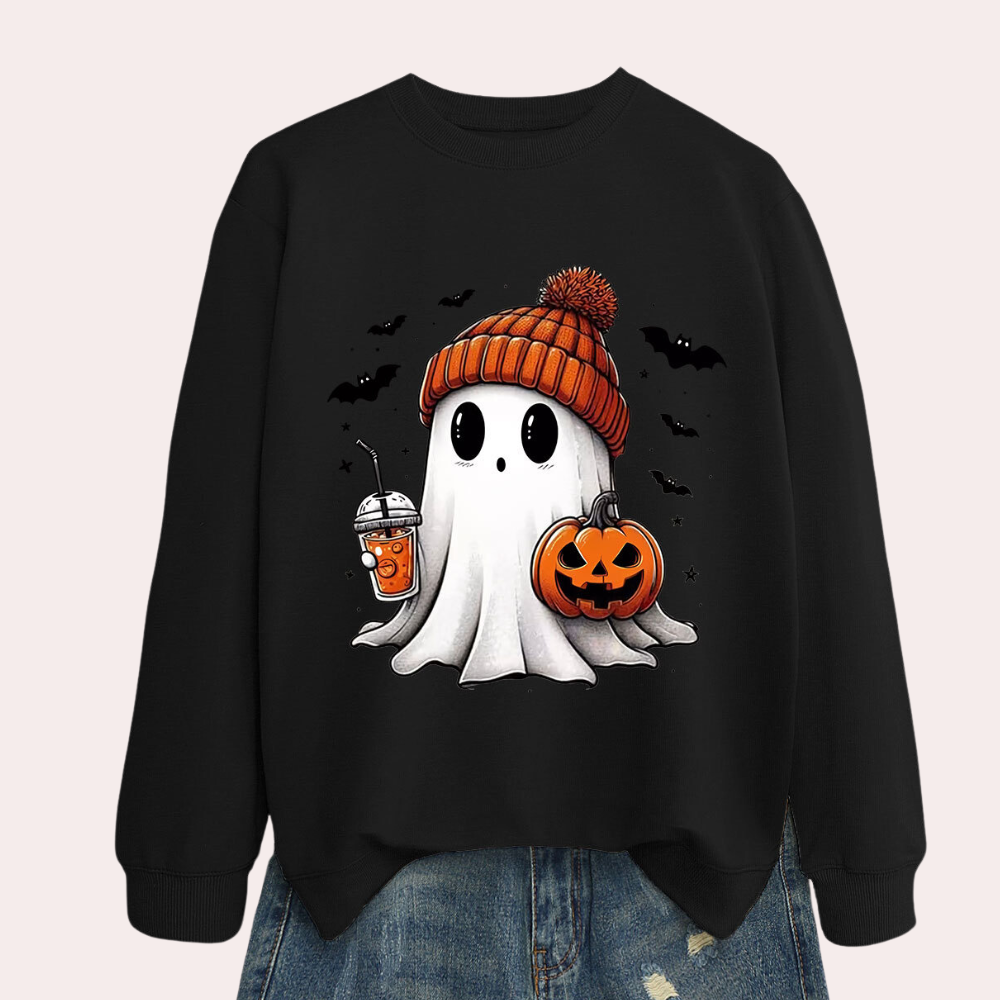 Ghost Print Sweatshirt with Pumpkin and Bat Graphics - Polyester Cotton Blend for Women