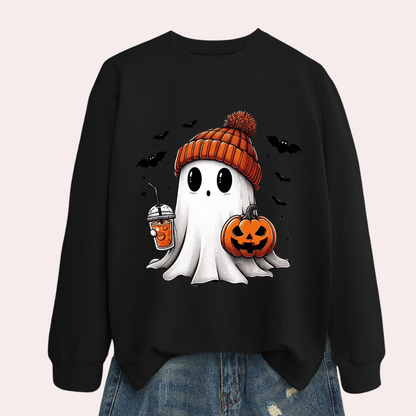 Ghost Print Sweatshirt with Pumpkin and Bat Graphics - Polyester Cotton Blend for Women