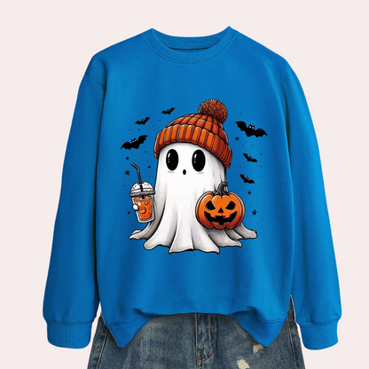 Ghost Print Sweatshirt with Pumpkin and Bat Graphics - Polyester Cotton Blend for Women