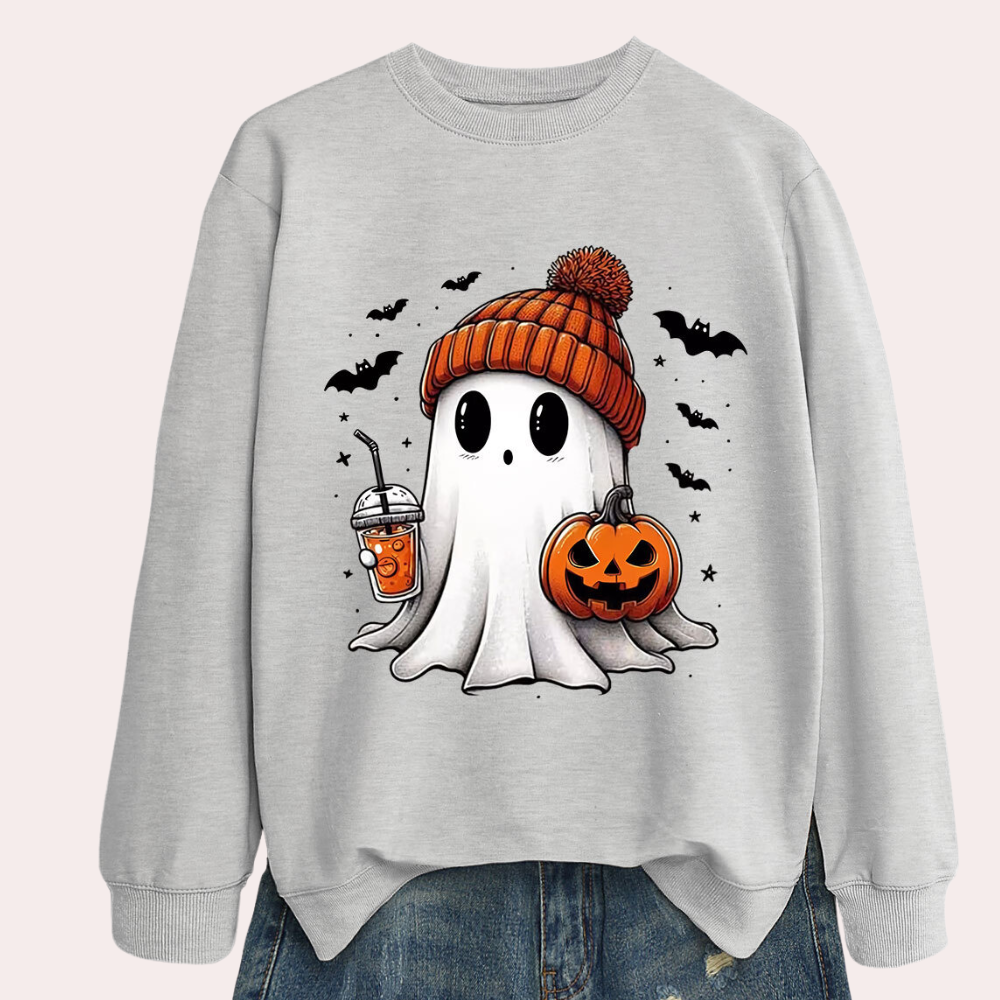 Ghost Print Sweatshirt with Pumpkin and Bat Graphics - Polyester Cotton Blend for Women