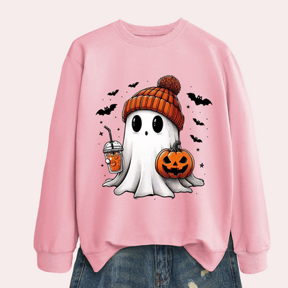 Ghost Print Sweatshirt with Pumpkin and Bat Graphics - Polyester Cotton Blend for Women