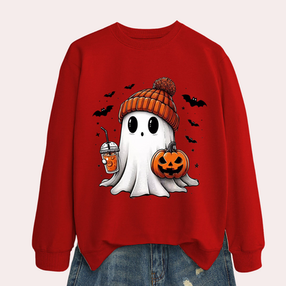 Ghost Print Sweatshirt with Pumpkin and Bat Graphics - Polyester Cotton Blend for Women